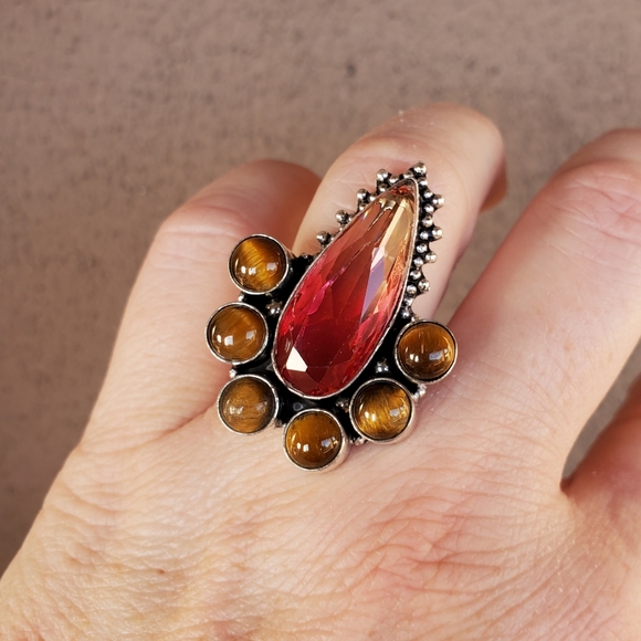 New Bi-Color Tourmaline & Tiger Eye 925 Silver Ring. - Picture 5 of 15